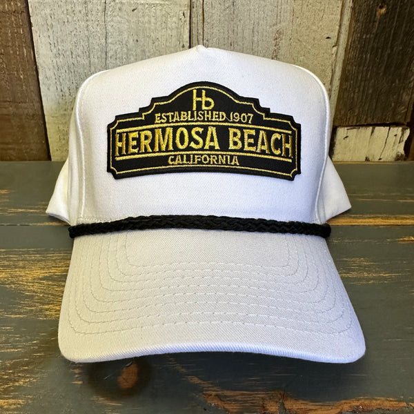 Hermosa Beach ARE YOU ESTABLISHED? 5 Panel Golf, Rope caps - White/Black Braid (Curved Brim)