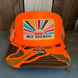 Hermosa Beach MUY HERMOSA High Crown Trucker Hat - Neon Orange Hunters Camo