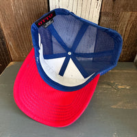 Hermosa Beach CHILL THE 4th OUT! 6 Panel Low Profile Mesh Back Trucker Hat - Blue/White/Red