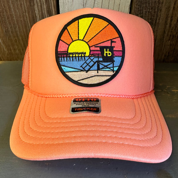 Hermosa Beach OBLIGATORY SUNSET High Crown Trucker Hat - Coral