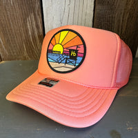 Hermosa Beach OBLIGATORY SUNSET High Crown Trucker Hat - Coral