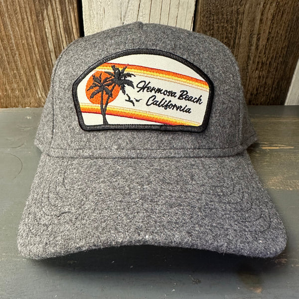 Hermosa Beach RETRO SUNSET 5 Panel Low Profile Melton Wool Blend Baseball Cap with Velcro Closure - Heather Grey