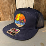 Hermosa Beach OBLIGATORY SUNSET 7 Panel Mid Profile Trucker Snapback Hat - Navy