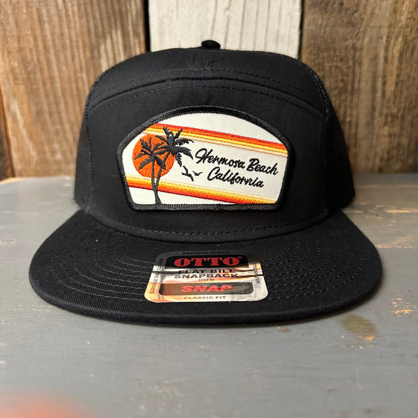 Hermosa Beach RETRO SUNSET 7 Panel Mid Profile Trucker Snapback Hat - Black