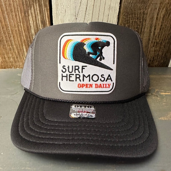 Hermosa Beach SURF HERMOSA :: OPEN DAILY Trucker Hat - Charcoal/Black (Curved Brim)