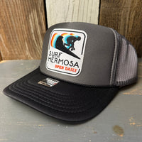 Hermosa Beach SURF HERMOSA :: OPEN DAILY Trucker Hat - Charcoal/Black (Curved Brim)