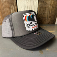 Hermosa Beach SURF HERMOSA :: OPEN DAILY Trucker Hat - Charcoal/Black (Curved Brim)