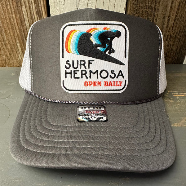 Hermosa Beach SURF HERMOSA :: OPEN DAILY Trucker Hat - Charcoal Grey/White
