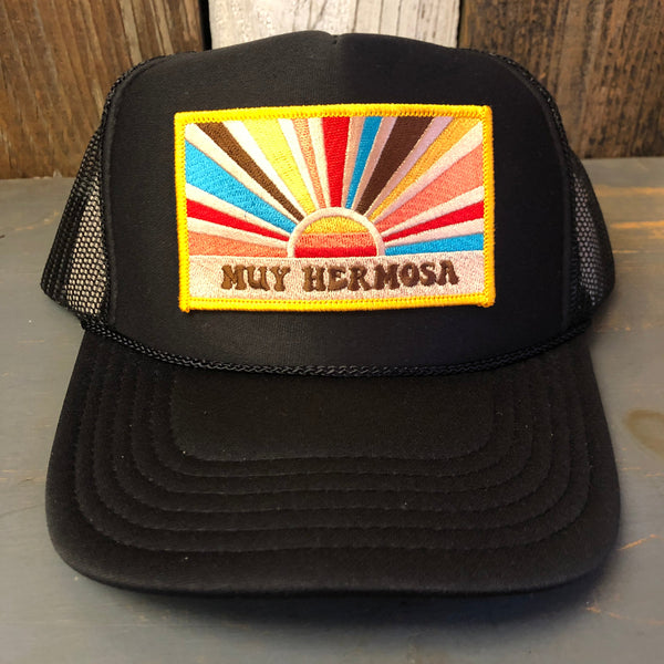 Hermosa Beach MUY HERMOSA Mid Crown Trucker Hat - Black (Curved Brim)
