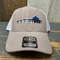 MANHATTAN BEACH PIER & ROUNDHOUSE 6 Panel Low Profile Mesh Back Trucker Hat - Khaki/White