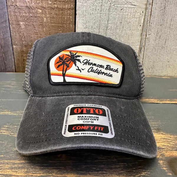 Hermosa Beach RETRO SUNSET 6 Panel Low Profile Trucker Hat - Black/Charcoal