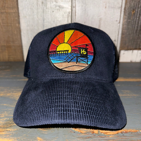 Hermosa Beach OBLIGATORY SUNSET 6 Panel Corduroy Trucker Hat - Navy