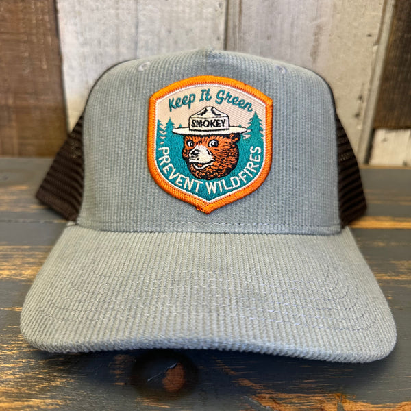 SMOKEY BEAR :: KEEP IT GREEN - PREVENT WILDFIRES Trucker Cap - Sawgrass Corduroy/ Brown