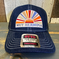 Hermosa Beach MUY HERMOSA Premium 6 Panel Denim Trucker Hat - Navy/White Stitching