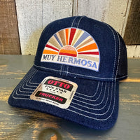 Hermosa Beach MUY HERMOSA Premium 6 Panel Denim Trucker Hat - Navy/White Stitching