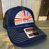 Hermosa Beach MUY HERMOSA Premium 6 Panel Denim Trucker Hat - Navy/White Stitching