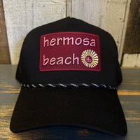Hermosa Beach WELCOME SIGN High Crown 5-Panel Rope Trucker Hat - Black