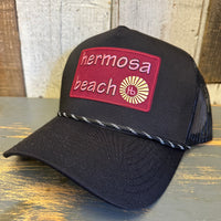 Hermosa Beach WELCOME SIGN High Crown 5-Panel Rope Trucker Hat - Black