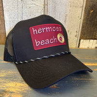 Hermosa Beach WELCOME SIGN High Crown 5-Panel Rope Trucker Hat - Black
