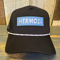 Hermosa Beach SURF HERMOSA :: OPEN DAILY High Crown 5-Panel Rope Trucker Hat - Black/White Rope