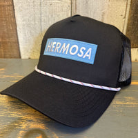 Hermosa Beach SURF HERMOSA :: OPEN DAILY High Crown 5-Panel Rope Trucker Hat - Black/White Rope