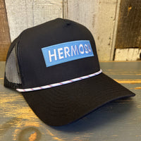 Hermosa Beach SURF HERMOSA :: OPEN DAILY High Crown 5-Panel Rope Trucker Hat - Black/White Rope