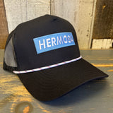 Hermosa Beach SURF HERMOSA :: OPEN DAILY High Crown 5-Panel Rope Trucker Hat - Black/White Rope