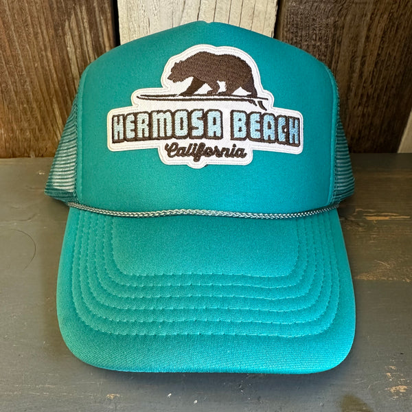 Hermosa Beach SURFING GRIZZLY BEAR High Crown Trucker Hat - Jade Green