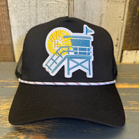 Hermosa Beach LIFEGUARD TOWER High Crown 5-Panel Rope Trucker Hat - Black/White Rope