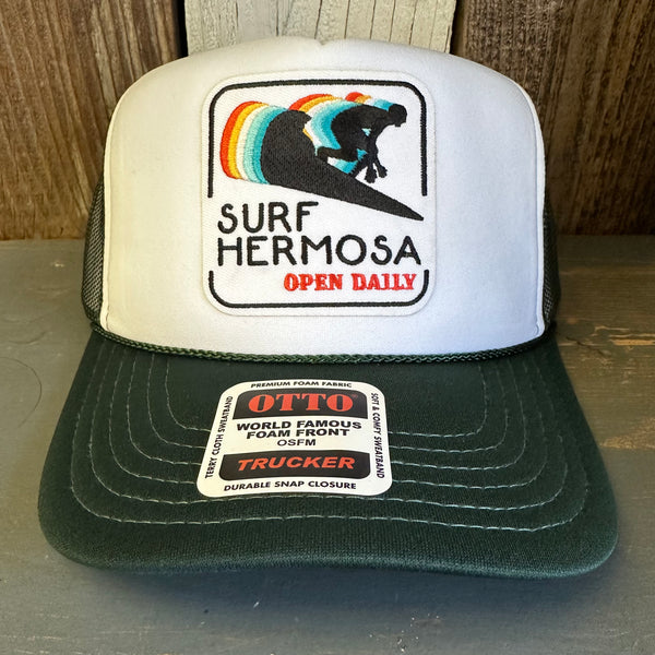 Hermosa Beach SURF HERMOSA :: OPEN DAILY High Crown Trucker Hat - Dark Green/White