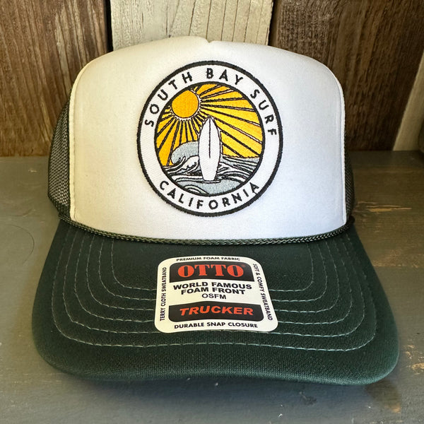 SOUTH BAY SURF (Multi Color Patch) - High Crown Trucker Hat - Dark Green/White