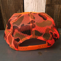 SOUTH BAY SURF (Multi Colored Patch) High Crown Trucker Hat - Neon Orange Hunters Camo