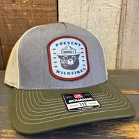 SMOKEY BEAR :: PREVENT WILDFIRES Five-Panel Trucker Cap - Heather Grey/Birch/Army Olive Green