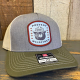SMOKEY BEAR :: PREVENT WILDFIRES Five-Panel Trucker Cap - Heather Grey/Birch/Army Olive Green