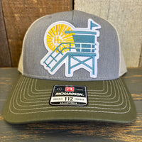 Hermosa Beach LIFEGUARD TOWER Five-Panel Trucker Cap - Heather Grey/Birch/Army Olive Green