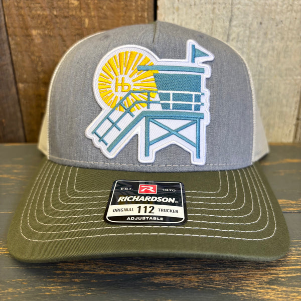 Hermosa Beach LIFEGUARD TOWER Five-Panel Trucker Cap - Heather Grey/Birch/Army Olive Green