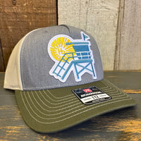 Hermosa Beach LIFEGUARD TOWER Five-Panel Trucker Cap - Heather Grey/Birch/Army Olive Green