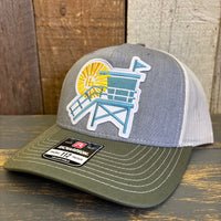 Hermosa Beach LIFEGUARD TOWER Five-Panel Trucker Cap - Heather Grey/Birch/Army Olive Green