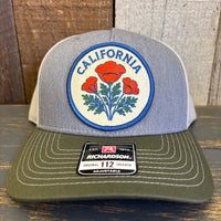 CALIFORNIA POPPY Five-Panel Trucker Cap - Heather Grey/Birch/Army Olive Green