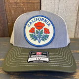 CALIFORNIA POPPY Five-Panel Trucker Cap - Heather Grey/Birch/Army Olive Green
