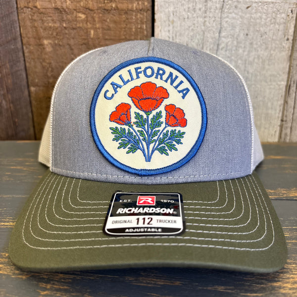 CALIFORNIA POPPY Five-Panel Trucker Cap - Heather Grey/Birch/Army Olive Green