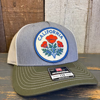 CALIFORNIA POPPY Five-Panel Trucker Cap - Heather Grey/Birch/Army Olive Green