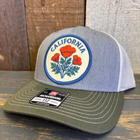 CALIFORNIA POPPY Five-Panel Trucker Cap - Heather Grey/Birch/Army Olive Green