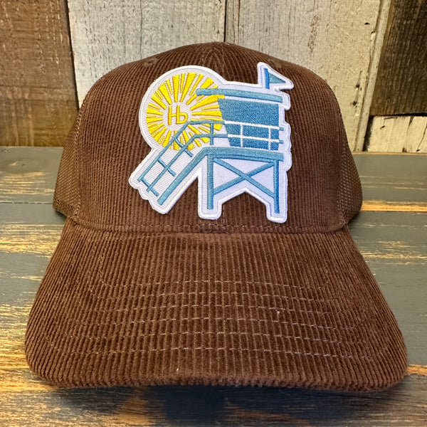 Hermosa Beach LIFEGUARD TOWER :: NORTH OF PIER 6 Panel Corduroy Trucker Hat - Brown