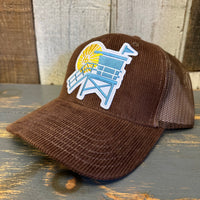 Hermosa Beach LIFEGUARD TOWER :: NORTH OF PIER 6 Panel Corduroy Trucker Hat - Brown