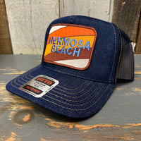 Hermosa Beach GOLF CARTS & YOGA PANTS Premium Denim Trucker Hat - Navy/Gold Stitching