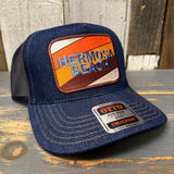 Hermosa Beach GOLF CARTS & YOGA PANTS Premium Denim Trucker Hat - Navy/Gold Stitching