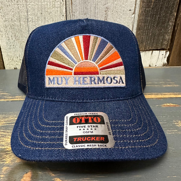 Hermosa Beach MUY HERMOSA Premium Denim Trucker Hat - Navy/Gold Stitching