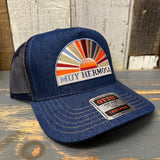 Hermosa Beach MUY HERMOSA Premium Denim Trucker Hat - Navy/Gold Stitching