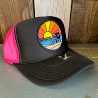 Hermosa Beach OBLIGATORY SUNSET High Crown Trucker Hat - Black/Pink/Black